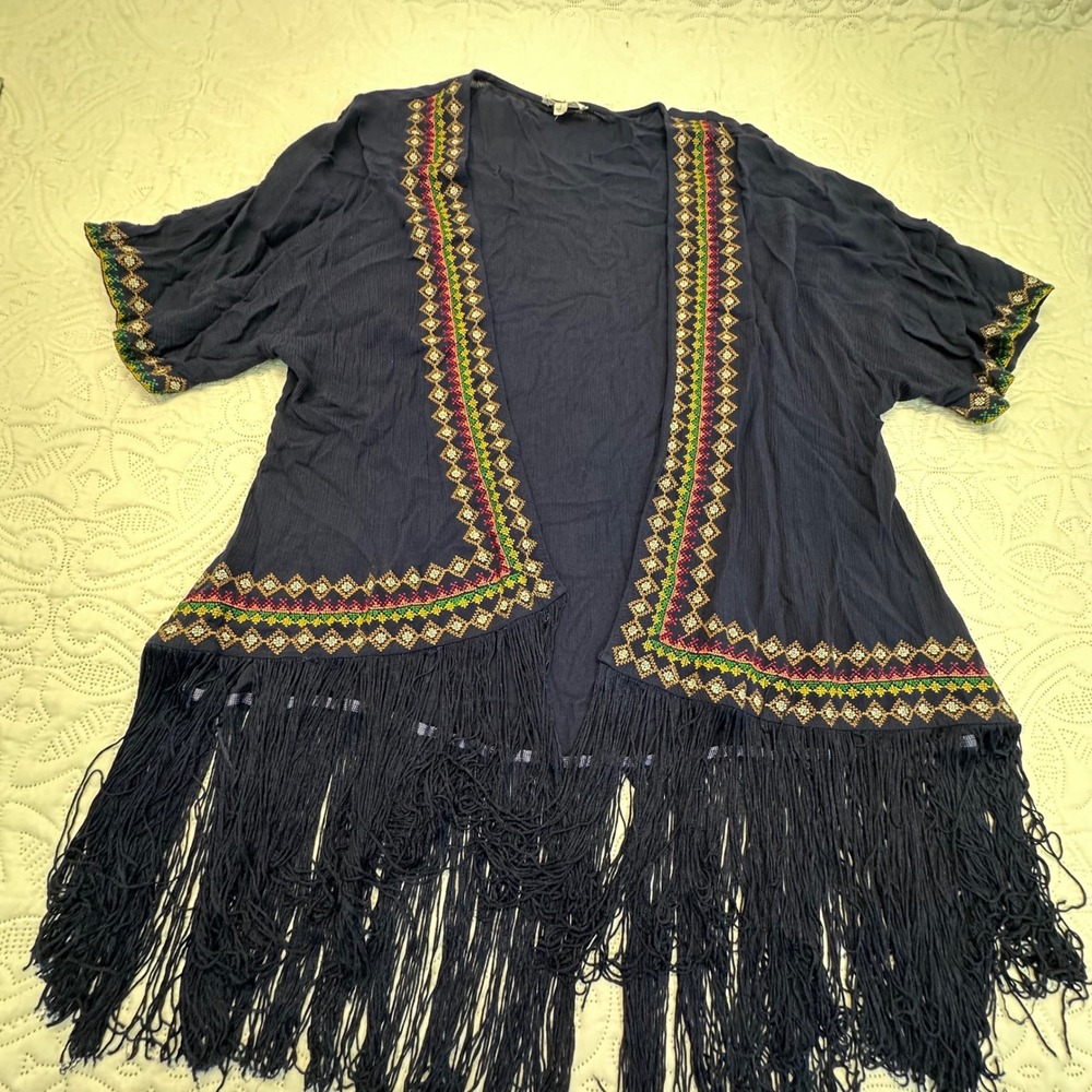 Hot & Delicious Navy Blue Embroidered Fringe Kimono Wrap HDJ1037 Small